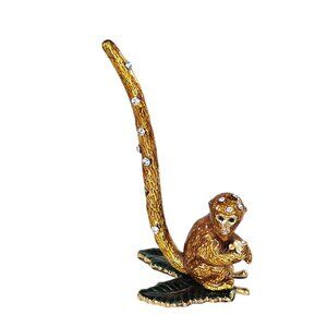 Enamel Rhinestone Monkey Decorative Ring Holder Stand With Leaf Base *FLAW*